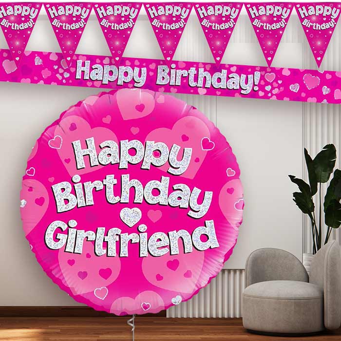 Pink Hearts Girlfriend Birthday Balloon and Banners