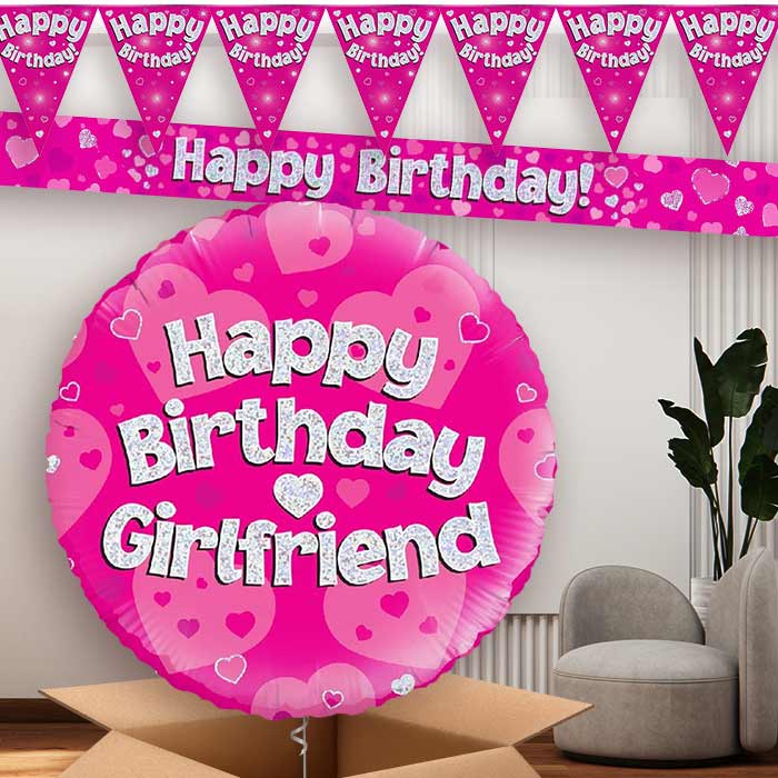 Pink Hearts Girlfriend Birthday Balloon and Banners | Party Save Smile