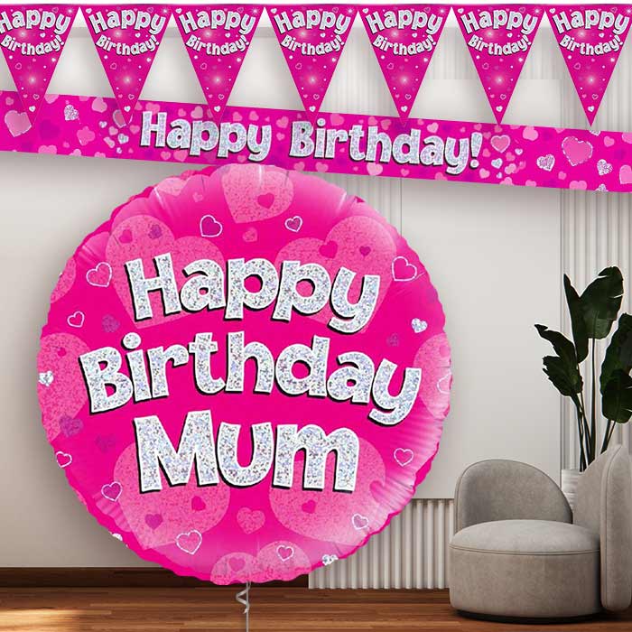 Pink Hearts Mum Birthday Balloon and Banners