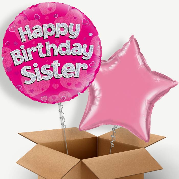 Happy Birthday Sister Pink Hearts Helium Balloon Pair | Party Save Smile