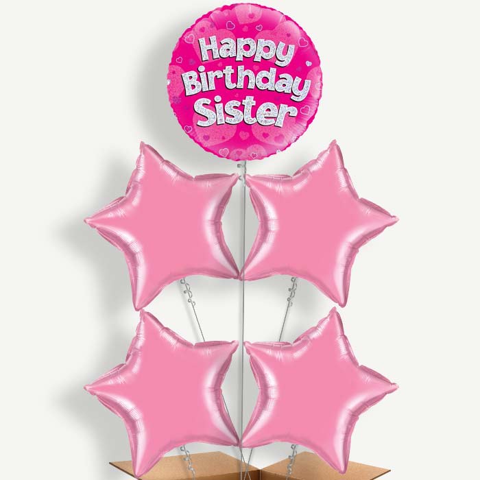 Happy Birthday Sister Pink Hearts Helium Cluster Balloons | Party Save Smile