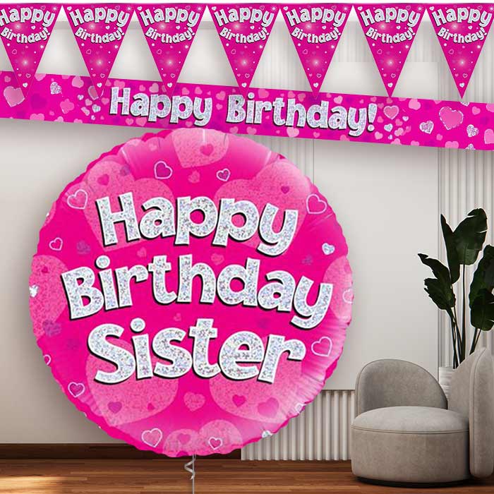 Pink Hearts Sister Birthday Balloon and Banners