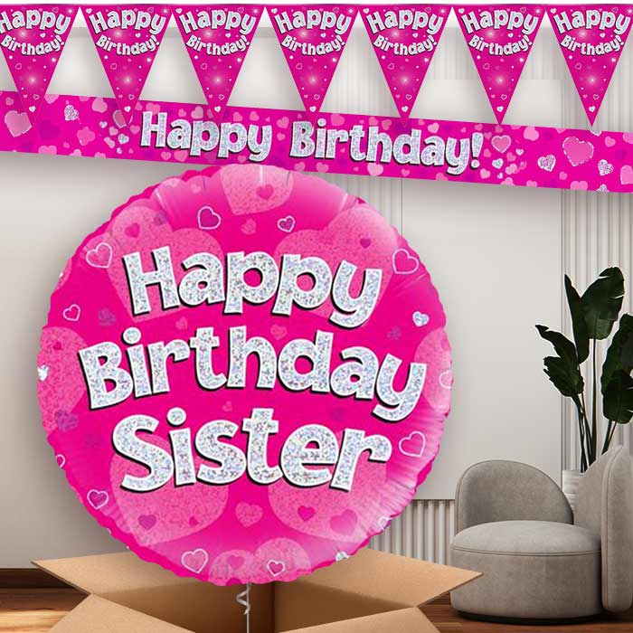 Pink Hearts Sister Birthday Balloon and Banners | Party Save Smile