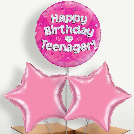 Happy Birthday Teenager Pink Hearts Balloons in a Bunch | Party Save Smile