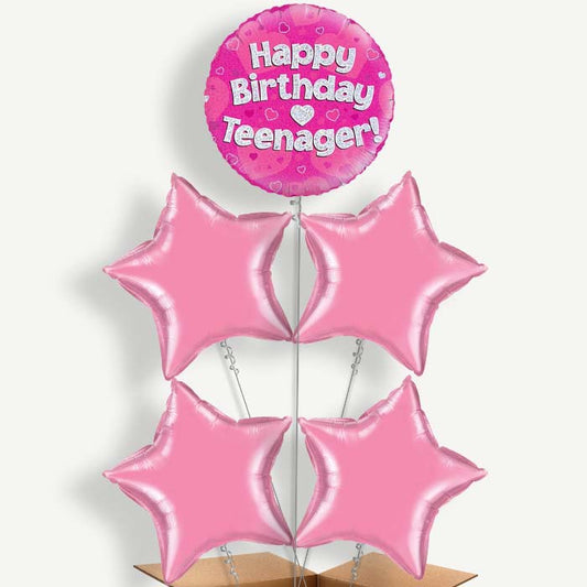Happy Birthday Teenager Pink Hearts Helium Cluster Balloons | Party Save Smile