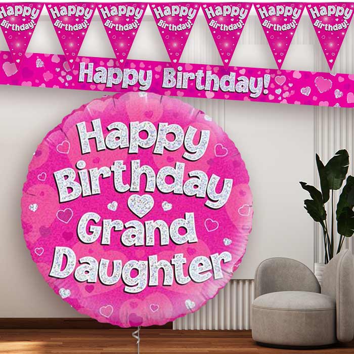Pink Hearts Grandaughter Birthday Balloon and Banners