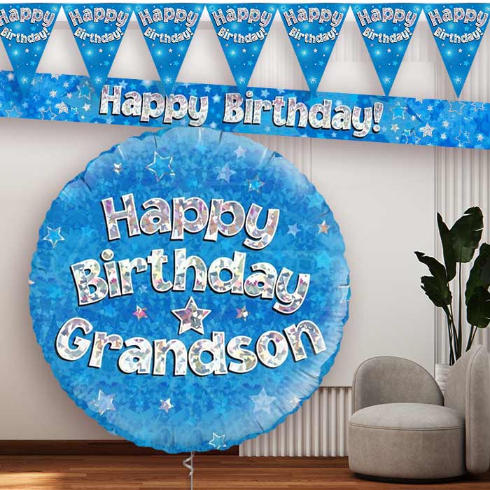 Blue Stars Grandson Birthday Balloon and Banners