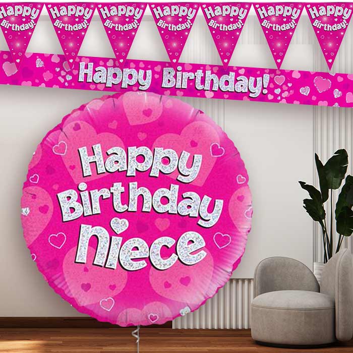 Pink Hearts Niece Birthday Balloon and Banners