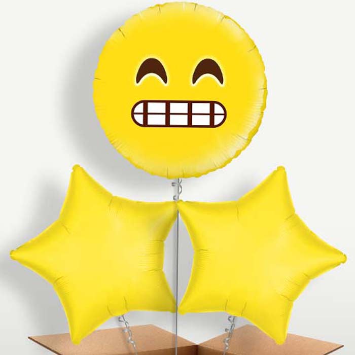 Grin Emoji Trio Balloon Bunch inflated with Helium | Party Save Smile
