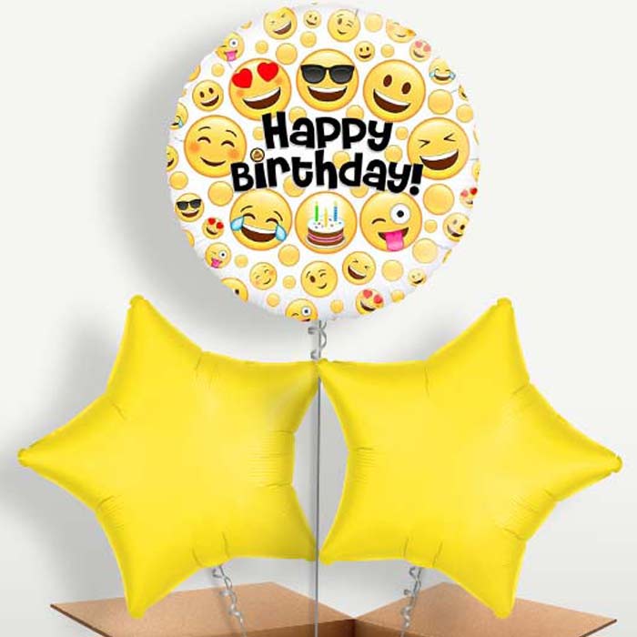 Emoji Happy Birthday Trio Balloon Bunch inflated with Helium | Party Save Smile