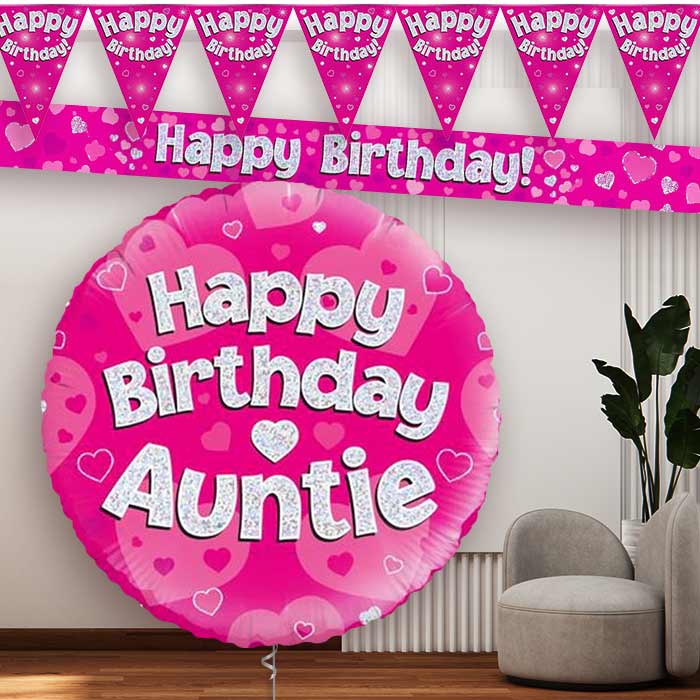 Pink Hearts Auntie Birthday Balloon and Banners