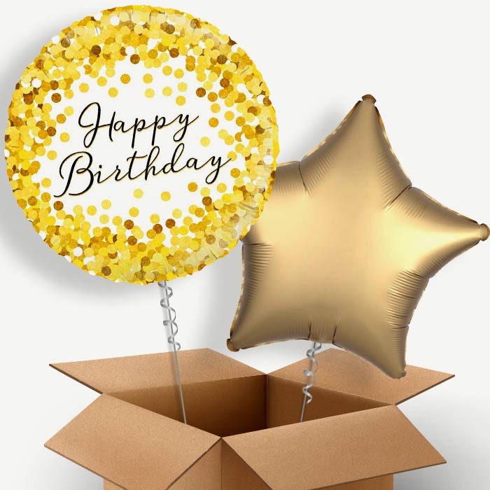 Gold Confetti Happy Birthday Helium Balloon Duo | Party Save Smile