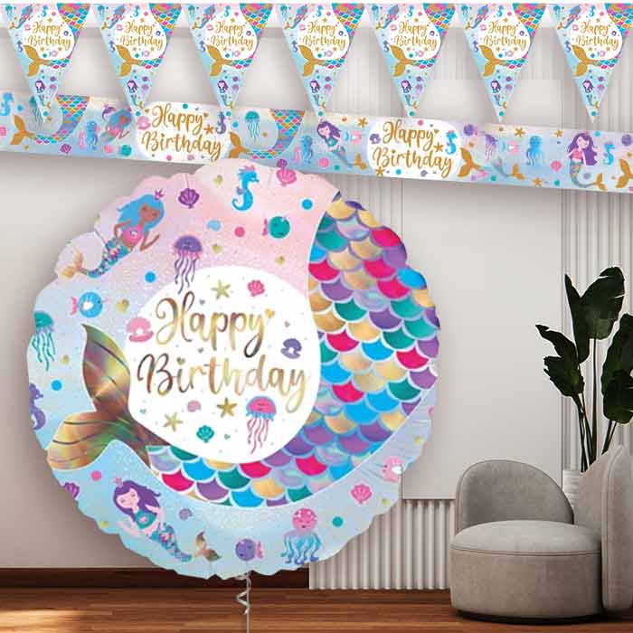 Happy Birthday Mermaid Tail Balloon and Banners - Party Save Smile