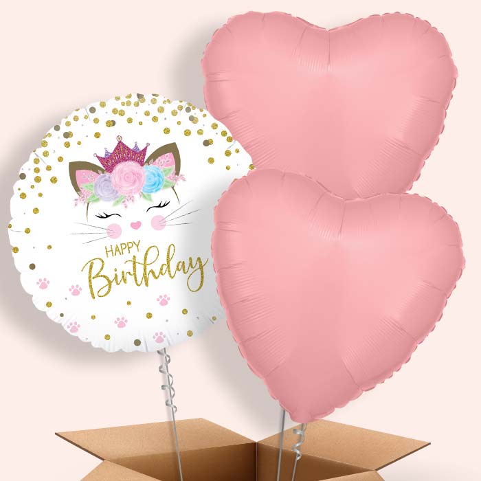 Floral Kitten Happy Birthday Helium Balloon in a Box - 3 Balloons | Party Save Smile