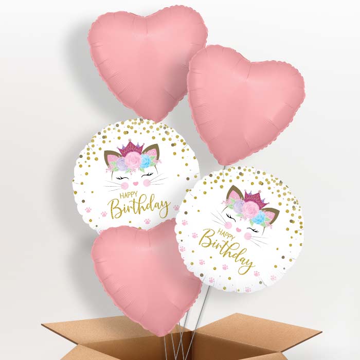 Floral Kitten Happy Birthday Helium Balloon in a Box - 5 Balloons | Party Save Smile
