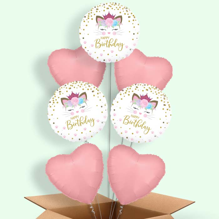 Floral Kitten Happy Birthday Helium Balloon in a Box - 7 Balloons | Party Save Smile