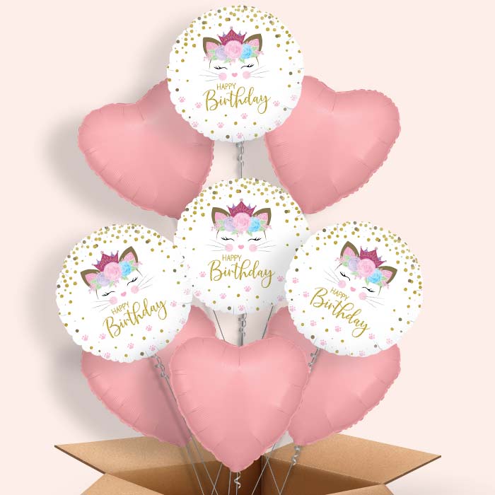 Floral Kitten Happy Birthday Helium Balloon in a Box - 9 Balloons | Party Save Smile