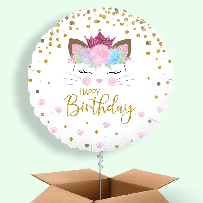 Floral Kitten Happy Birthday Helium Balloon in a Box - 1 Balloon | Party Save Smile