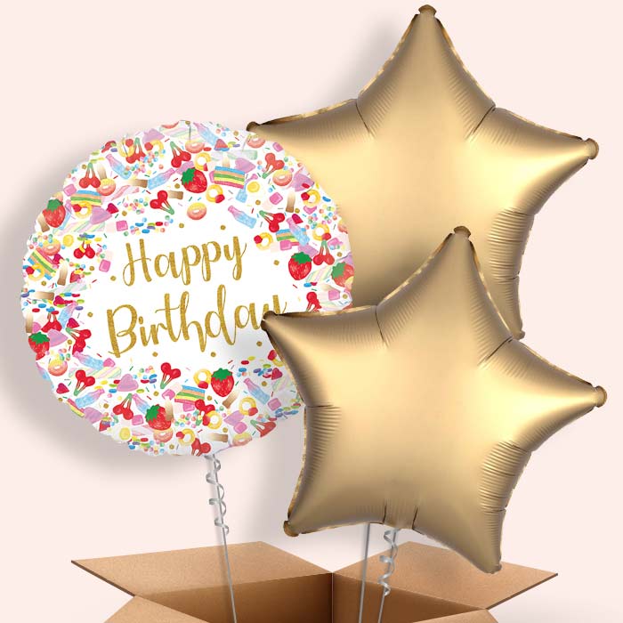 Pick n Mix Sweets Happy Birthday Helium Balloon in a Box - 3 Balloons | Party Save Smile