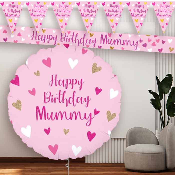 Happy Birthday Mummy Hearts Balloon and Banners