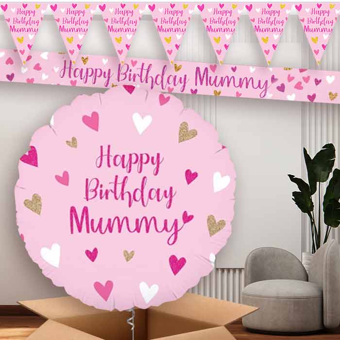Happy Birthday Mummy Hearts Balloon and Banners | Party Save Smile