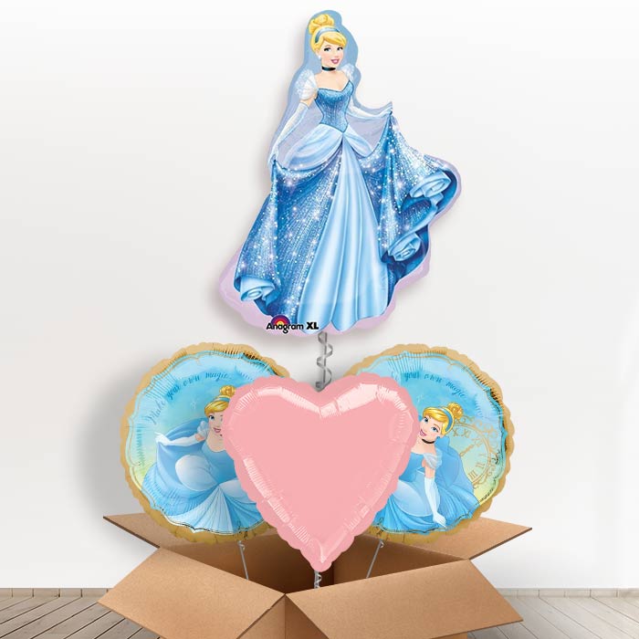 Giant Cinderella Helium Balloons in a Box Gift-1 x Giant Balloon and 2 Themed Balloons and 1 Plain Balloon 