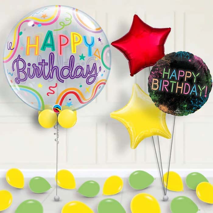 Neon Birthday Bubble Balloon with Balloon Bouquet - 1 x Bubble Balloon with 3 Bouquet (mixed) | Party Save Smile