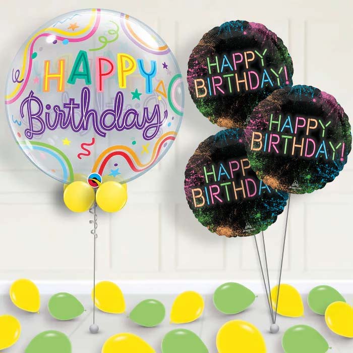 Neon Birthday Bubble Balloon with Balloon Bouquet - 1 x Bubble Balloon with 3 Bouquet (themed) | Party Save Smile