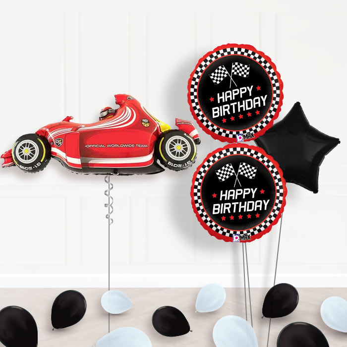 Racing Car Birthday Balloon Bouquet in a Box-Giant Balloon + 2 Themed Balloons + 1 Plain Balloon + Mini Balloons 