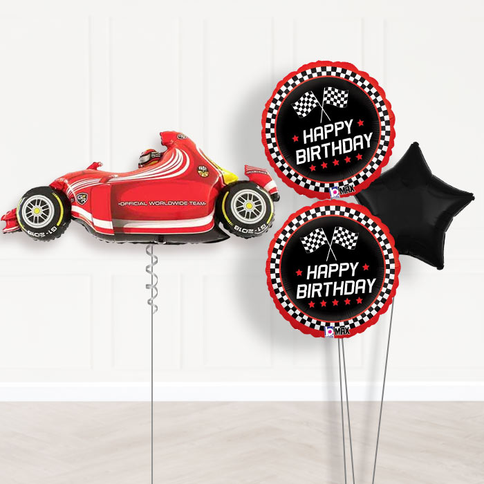 Racing Car Birthday Balloon Bouquet in a Box-Giant Balloon + 2 Themed Balloons + 1 Plain Balloon 