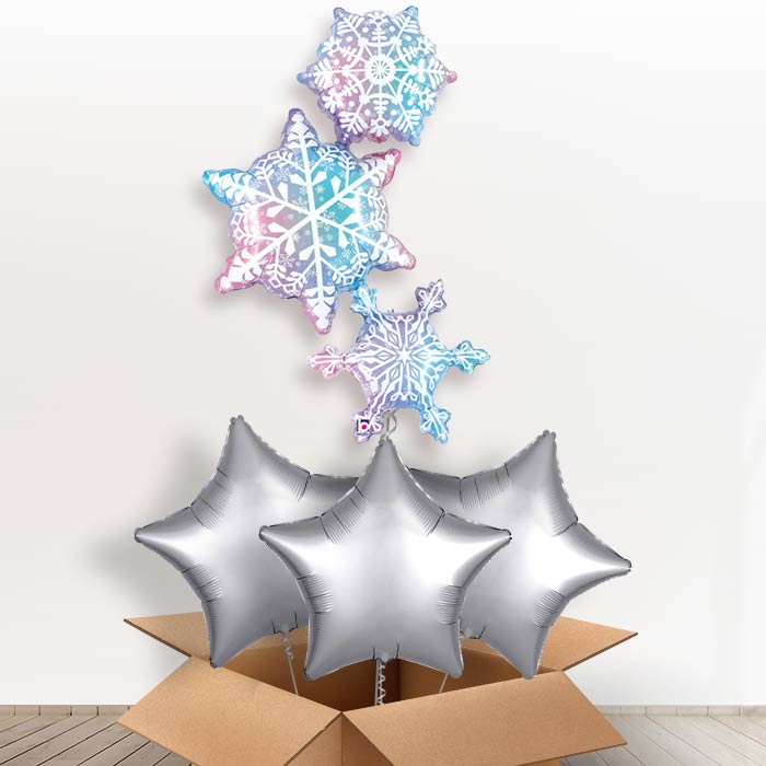Giant Snowflake Trio Helium Balloon in a Box - With 3 Plain Balloons | Party Save Smile