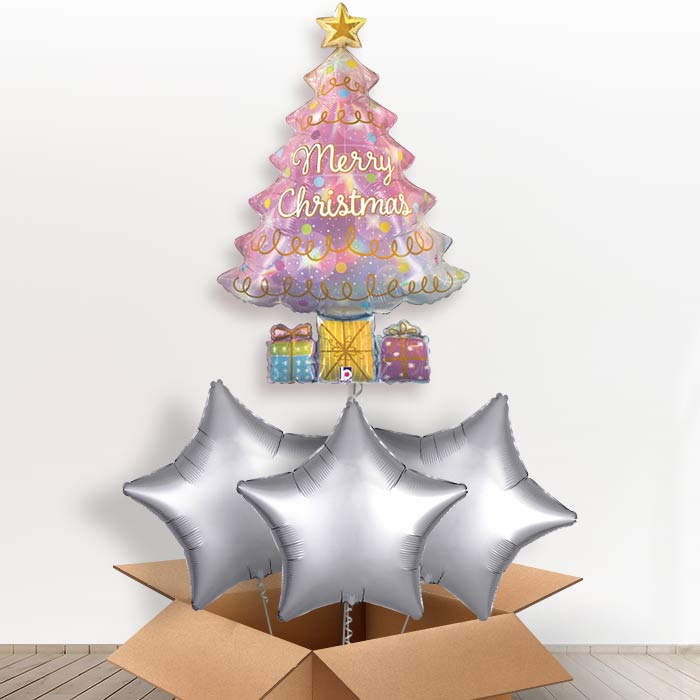 Holographic Christmas Tree Helium Balloon in a Box - With 3 Plain Balloons | Party Save Smile