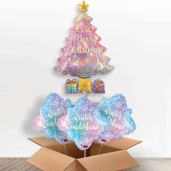 Holographic Christmas Tree Helium Balloon in a Box - With 3 Themed Balloons | Party Save Smile