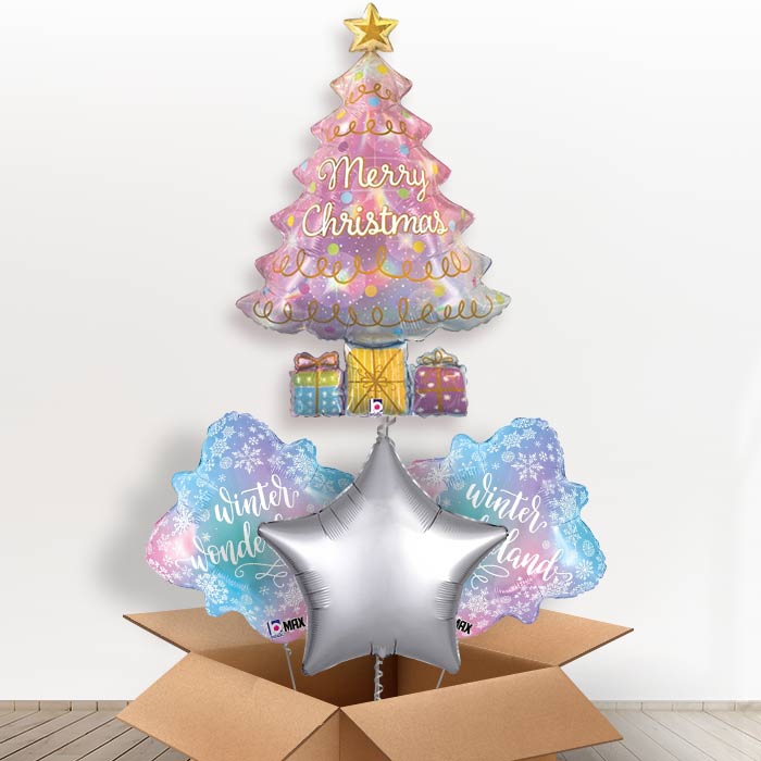 Holographic Christmas Tree Helium Balloon in a Box-1 x Giant Balloon and 2 Themed Balloons and 1 Plain Balloon 