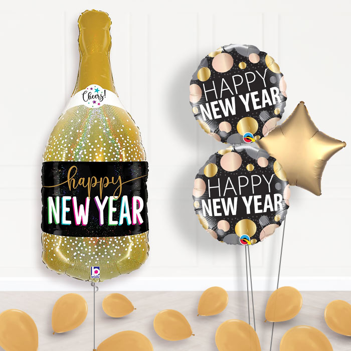 Happy New Year Balloon Decoration Bouquet-Giant Balloon + 2 Themed Balloons + 1 Plain Balloon + Mini Balloons 