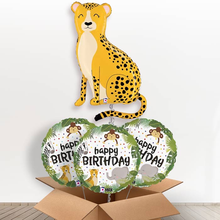 Shaped Cheetah Helium Balloon in a Box - with 3 Themed Balloons | Party Save Smile