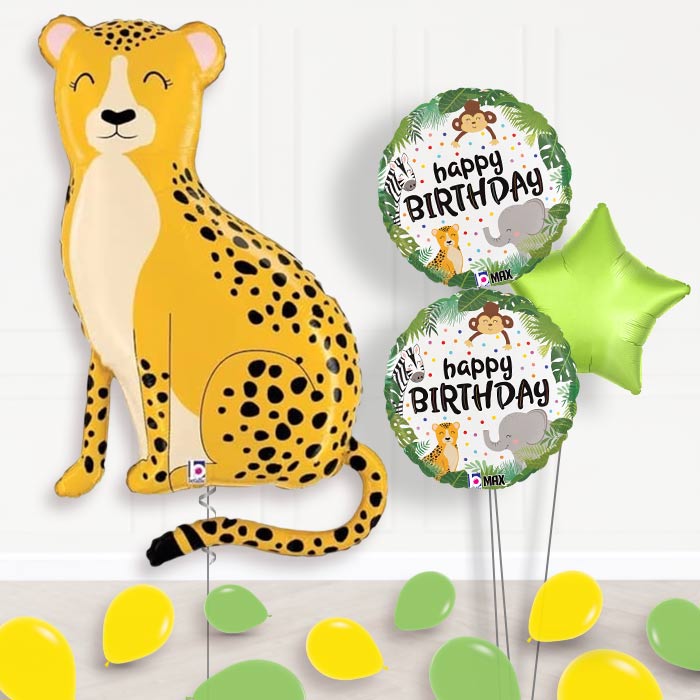 Shaped Cheetah Balloon Bouquet Delivery-Giant Balloon + 2 Themed Balloons + 1 Plain Balloon + Mini Balloons 