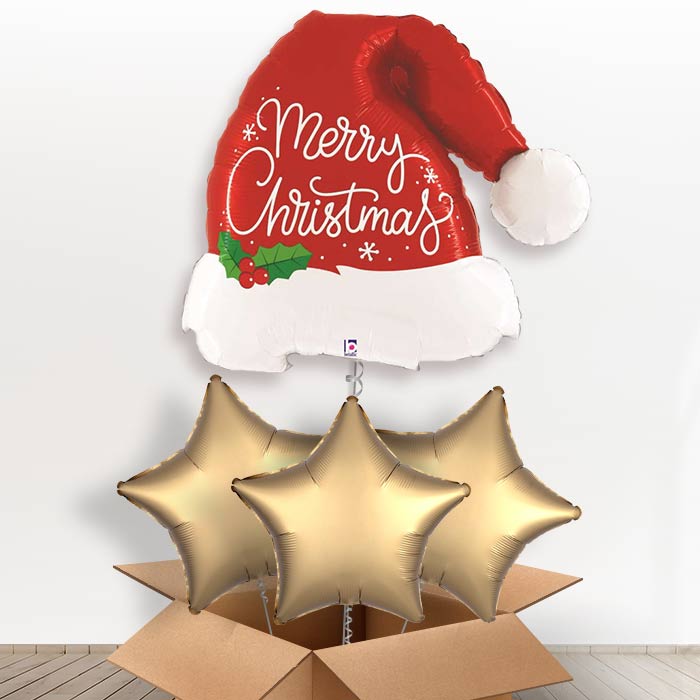 Santa Hat Merry Christmas Helium Balloon in a Box - With 3 Plain Balloons | Party Save Smile