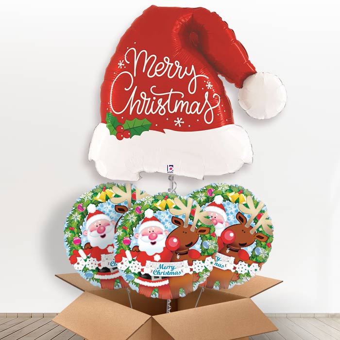 Santa Hat Merry Christmas Helium Balloon in a Box - With 3 Themed Balloons | Party Save Smile