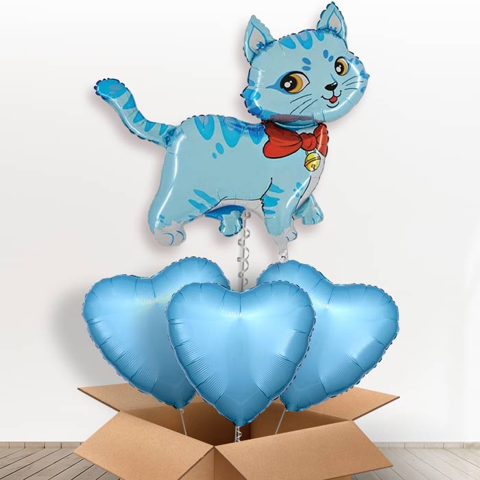 Giant Blue Cat Helium Balloon in a Box - With 3 Plain Balloons | Party Save Smile
