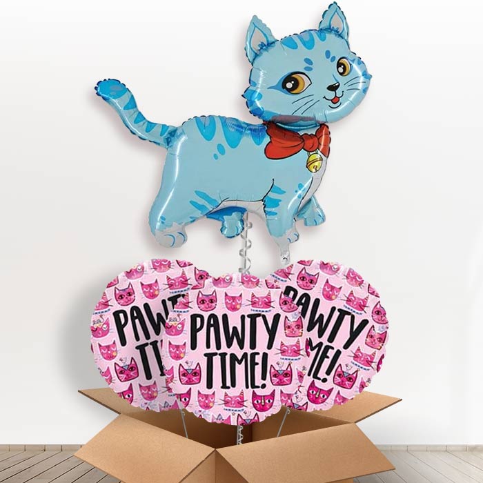 Giant Blue Cat Helium Balloon in a Box - With 3 Themed Balloons | Party Save Smile