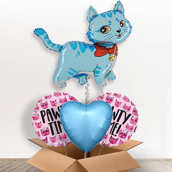 Giant Blue Cat Helium Balloon in a Box-1 x Giant Balloon and 2 Themed Balloons and 1 Plain Balloon 