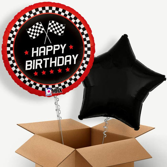 Chequered Flag Birthday Helium Balloon Duo | Party Save Smile