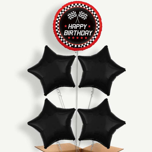 Chequered Flag Birthday Helium Cluster Balloons | Party Save Smile