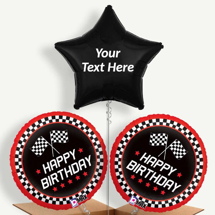 Personalisable Chequered Flag Birthday Helium Balloons | Party Save Smile