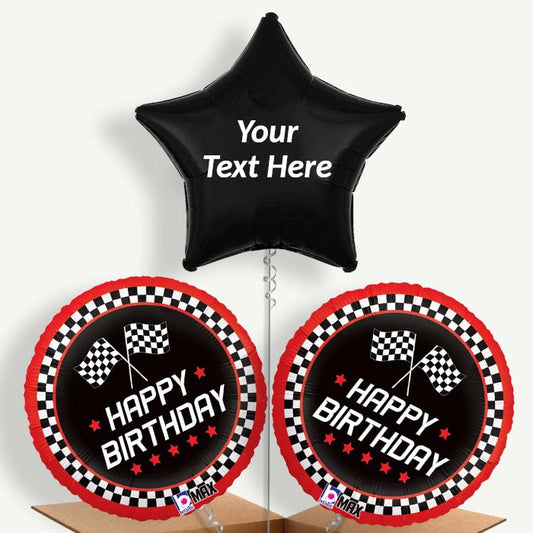 Personalisable Chequered Flag Birthday Helium Balloons | Party Save Smile