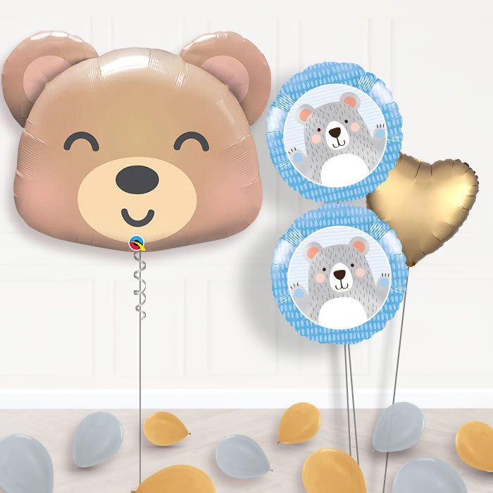 Teddy Bear Helium Balloon Bouquet-Giant Balloon + 2 Themed Balloons + 1 Plain Balloon + Mini Balloons 