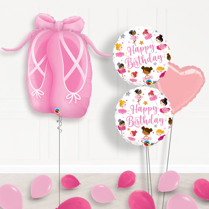 Ballerina Birthday Helium Balloon Bouquet-Giant Balloon + 2 Themed Balloons + 1 Plain Balloon + Mini Balloons 