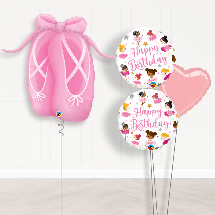 Ballerina Birthday Helium Balloon Bouquet-Giant Balloon + 2 Themed Balloons + 1 Plain Balloon 