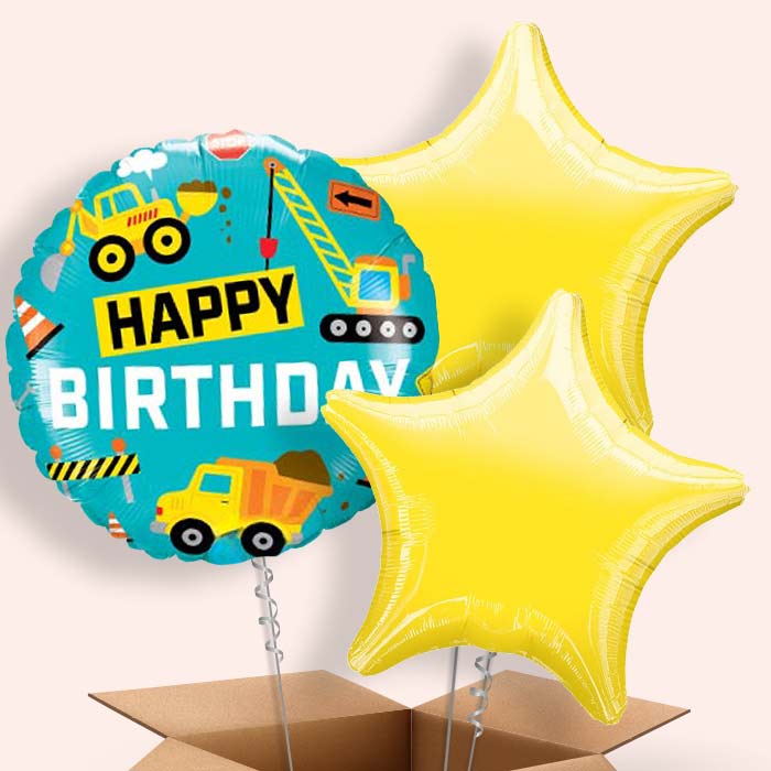Happy Birthday Construction Helium Balloons in a Box - 3 Balloon | Party Save Smile